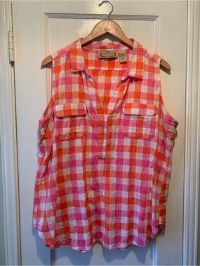 Life Style Pink and Orange Gingham Checked Plaid Sleeveless V Neck Top - Size XL